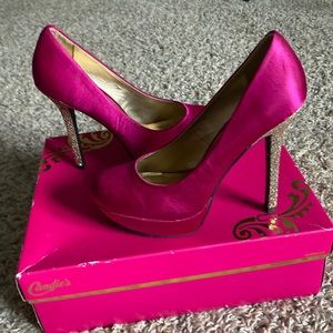 Hot pink pumps with sparkly heels